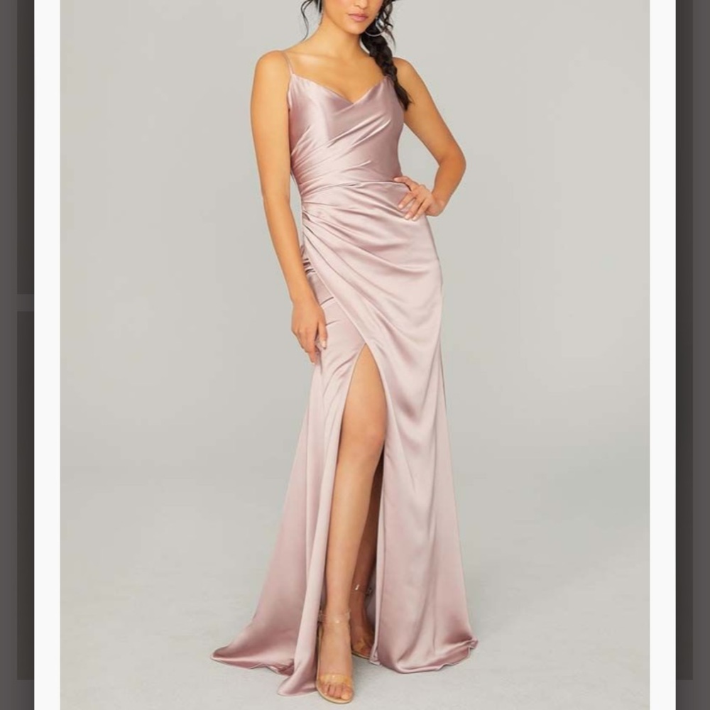 Mori Lee 21761 in dusty rose. Silky satin bridesmaid dress with slit. Size 12.